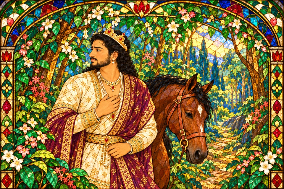 Pratapbhanu and his horse search the forest for water, exhausted, hungry and thirsty.