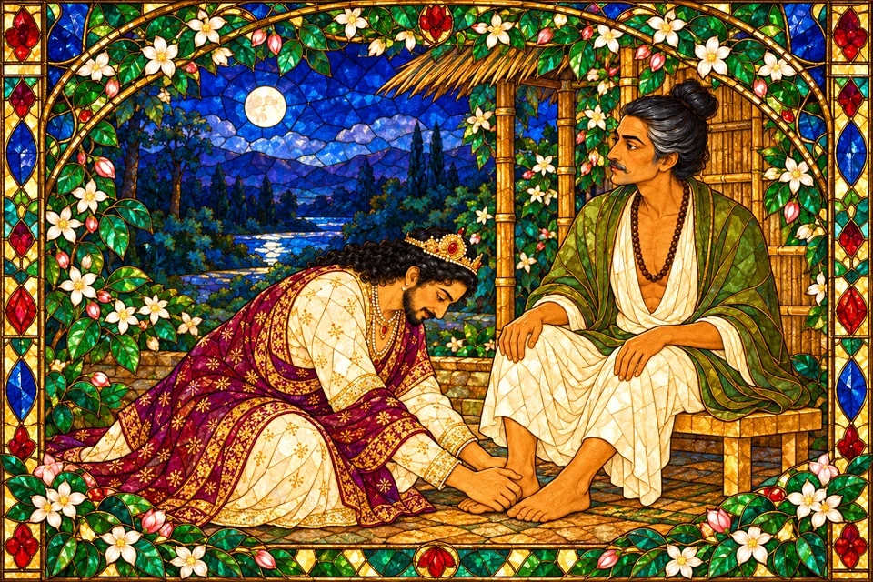 After speaking, Pratapbhanu clasps the disguised ascetic’s feet and begs him to bear hardship on his behalf.