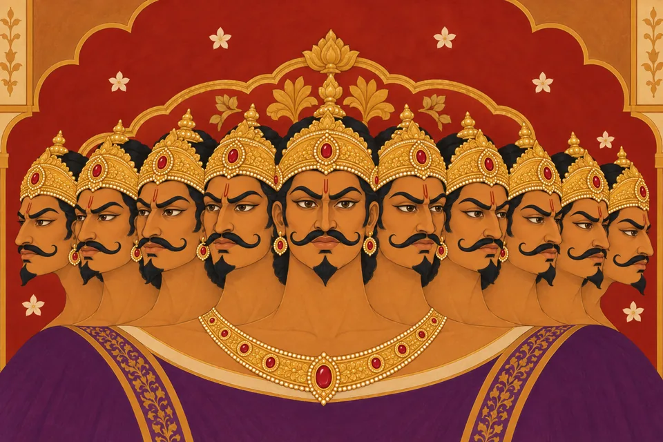 Ten-faced Ravana rules by his own counsel after placing the world under his dominion.