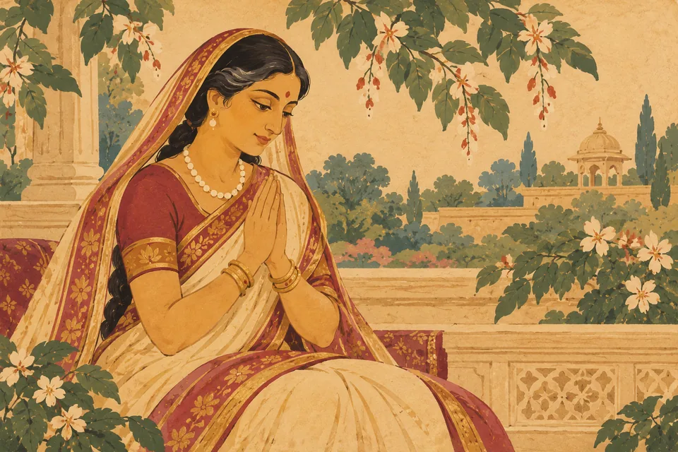 Kaushalya sits in quiet devotion, representing the queens praised for steadfast love and humility at Hari's feet.