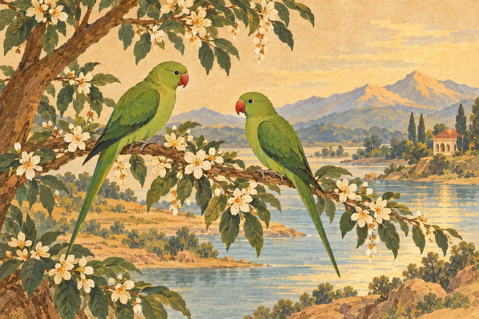 Two green birds rest on a flowering bough above a tranquil landscape, representing creation’s joy at Rama’s birth.