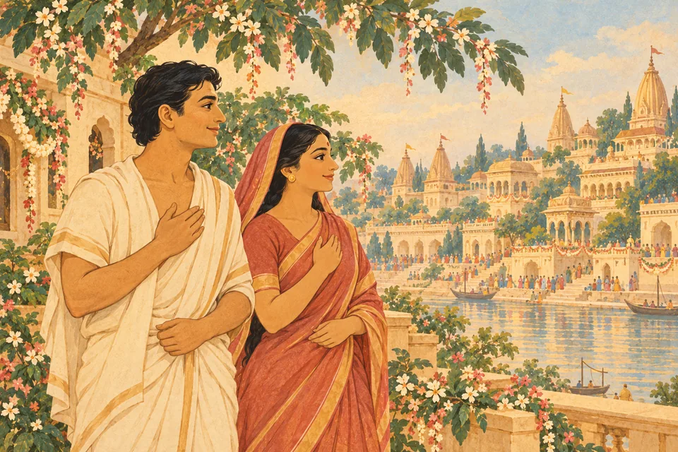 An ordinary man and woman rejoice in imagined Ayodhya as auspicious music sounds from house to house.