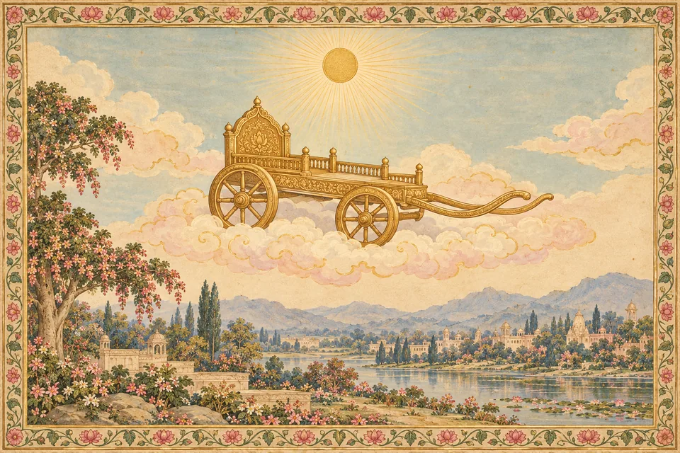A symbolic sun and stationary golden chariot represent the verse’s month-long day.