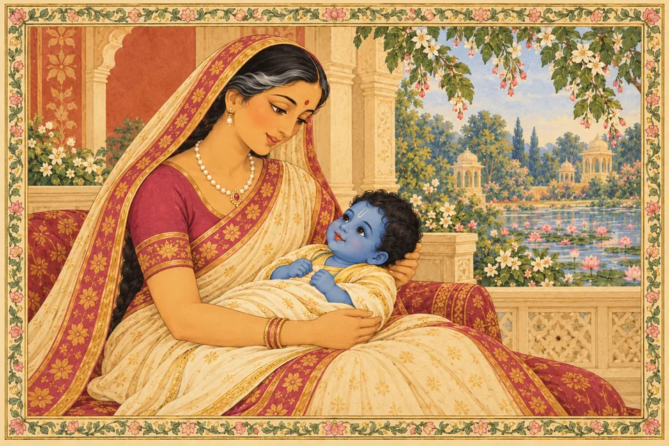 Infant Rama rests in Kaushalya’s lap, as the verse praises the unborn Lord held by love and devotion.