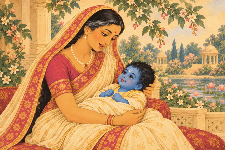 Kaushalya sings Rama’s childhood deeds, absorbed in affection as he rests awake in her lap.