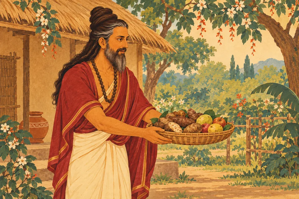 Vishvamitra offers the Lord roots, tubers and fruit at his own hermitage.