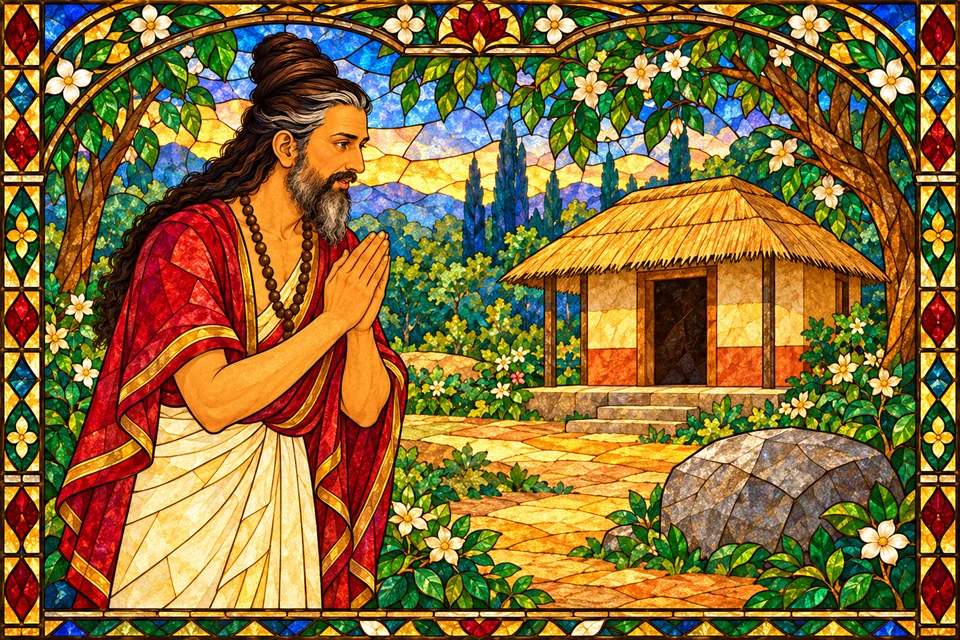 Vishvamitra asks Rama to show mercy to Ahalya, who patiently bears a stone body and longs for the dust of His feet.