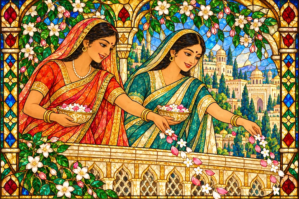 Women of Mithila rejoice and shower flowers as the brothers pass, spreading supreme joy along their route.