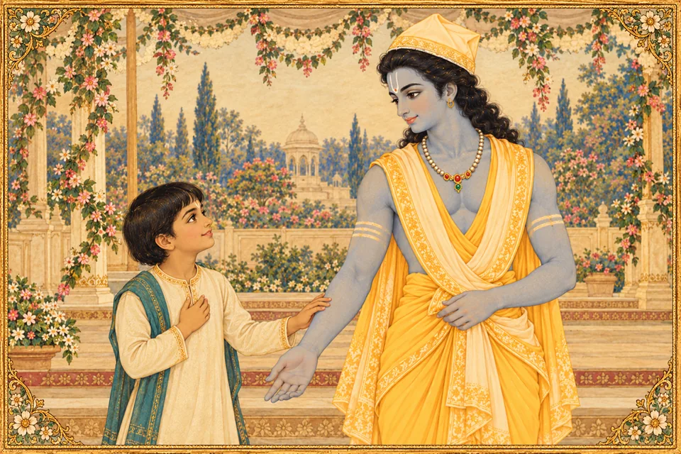 A child gently touches Rama while showing the ceremony ground, delighted by the brothers’ presence.