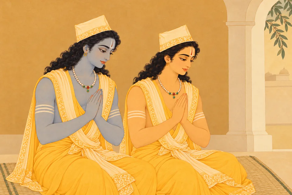 After bowing their heads at Vishvamitra’s feet, the brothers sit with his permission, humble, loving and shy.
