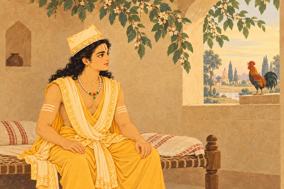 After night ends, Lakshmana rises on hearing a rooster; Rama has also awakened before the Guru.