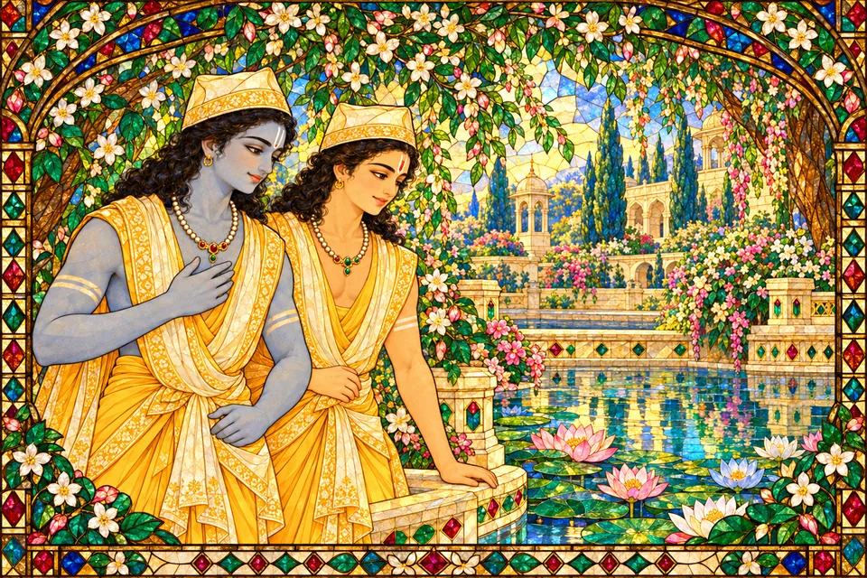 Rama and Lakshmana delight together on seeing the king’s beautiful garden and lotus lake.