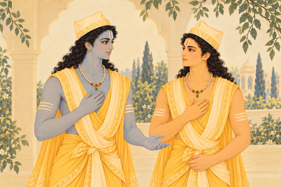 After inwardly praising Sita and reflecting on his own state, Rama speaks to Lakshmana with a pure mind and words suited to the occasion.