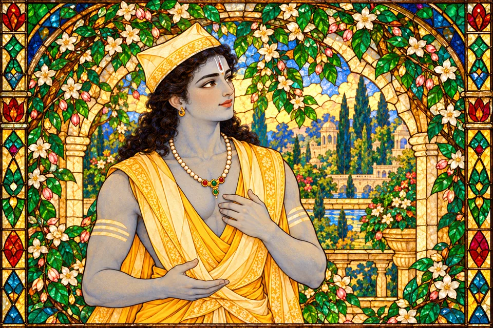 While talking with Lakshmana, Rama’s mind is drawn to Sita’s beauty, likened to a bee savoring a lotus’s nectar.