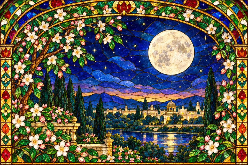The marked moon rises above the city as Rama reflects that it cannot match Sita’s face.
