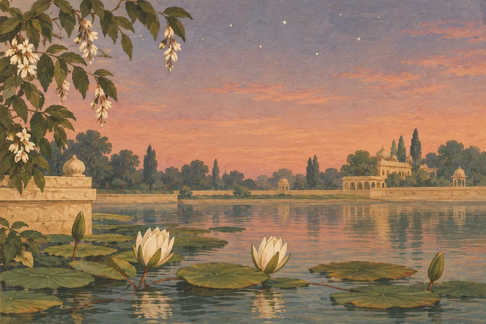 At dawn, night-waterlilies close and starlight fades, as Lakshmana compares the kings’ weakness on hearing Rama’s arrival.