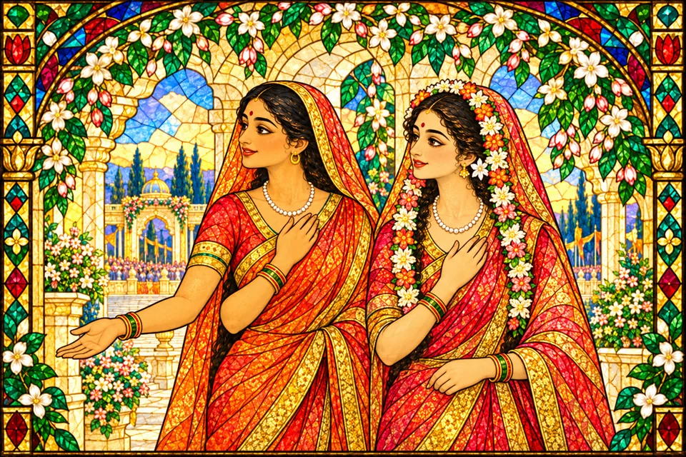 After Janaka summons Sita at the favorable time, a respectful companion brings her toward the ceremony.