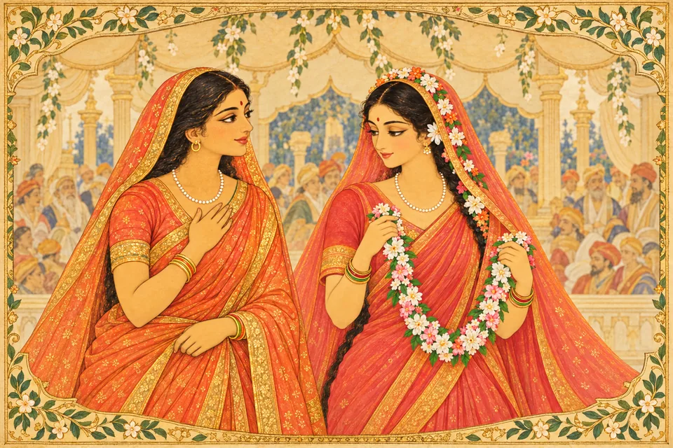 Sita modestly looks at her companions before the elders and assembly, while holding Rama inwardly in her heart.