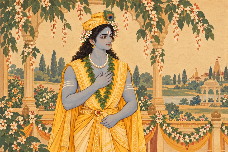 Rama stands on the dais, compared in the verse to the rising sun that gladdens the saints.
