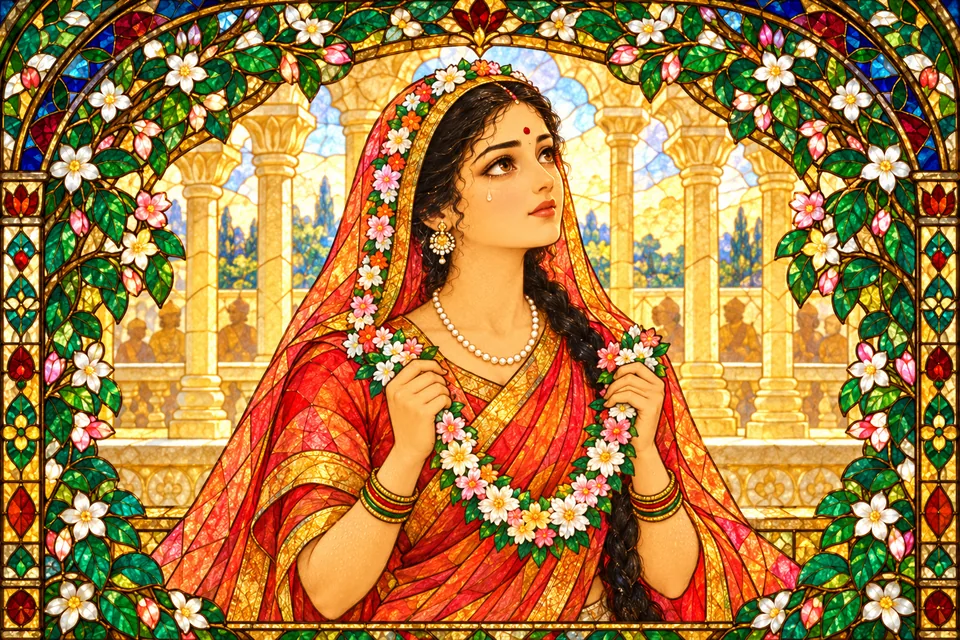 Sita gazes at Rama, steadies her heart, and petitions the gods with eyes full of tears.