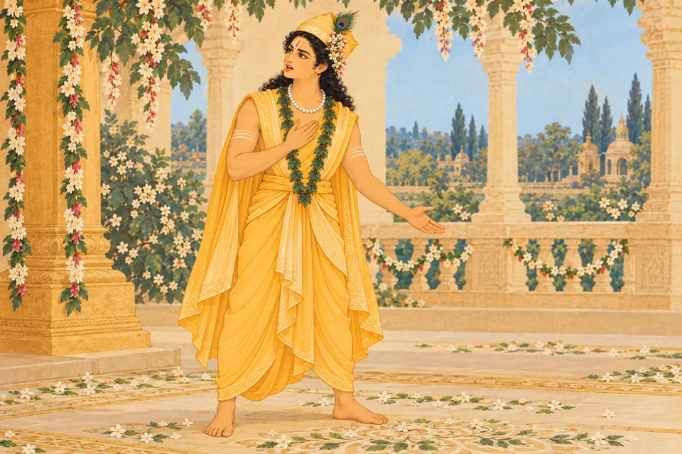 Lakshmana plants his feet and speaks as Rama turns toward Shiva’s bow; the verse describes him pressing the universe with his feet.