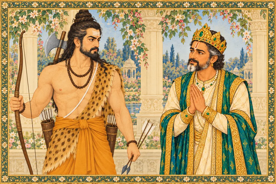 Parashurama turns to Janaka with his question about the large crowd.