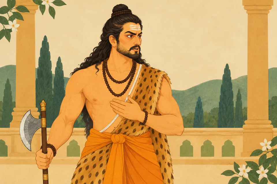 Parashurama replies angrily to Rama, holding the axe at his side.