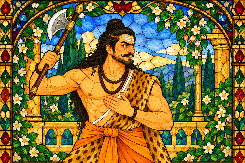 Parashurama raises his axe in his right hand and gives an angry smile in the jeweled Mithila court.