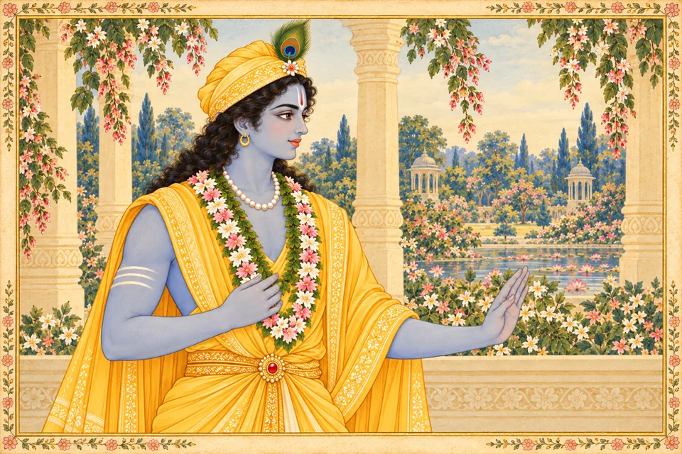 Rama holds a calm gaze and raises an open palm as he answers Parashurama.