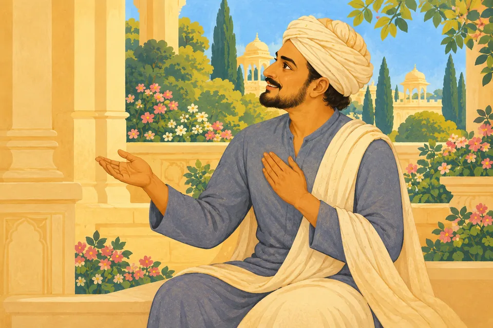 The messenger praises Dasharatha's sons with a warm, respectful gesture.