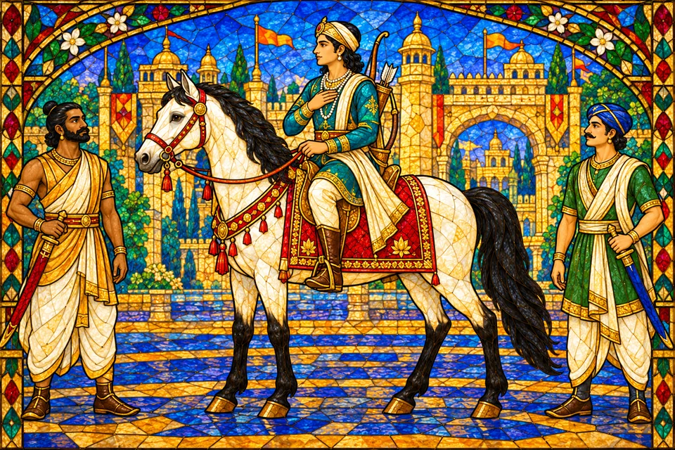 A young rider waits beside two sword-equipped foot attendants outside Ayodhya.