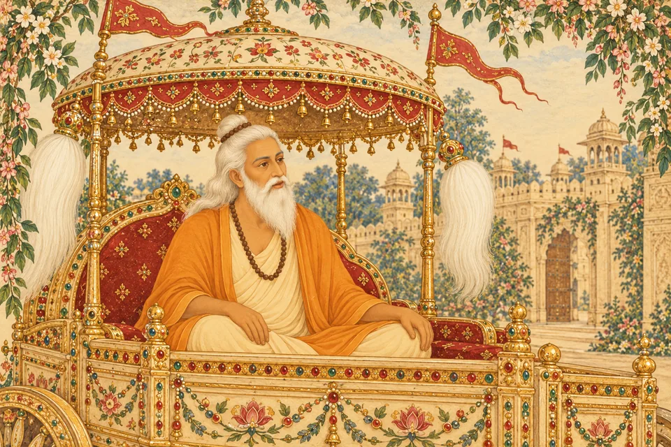Vasisht​ha sits in the decorated chariot prepared for him.