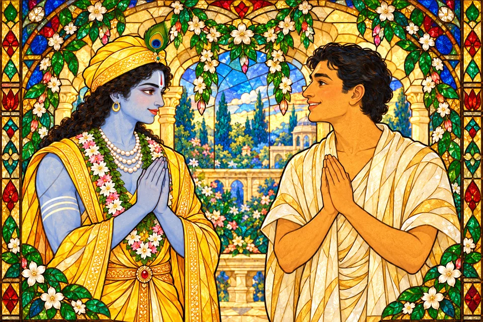 Rama graciously greets a citizen from among the wedding party's many companions.