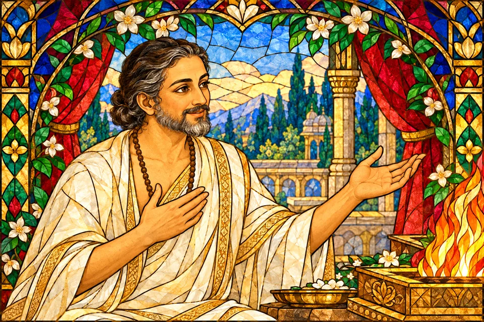 A representative Veda in Brahmin guise explains the wedding rites.