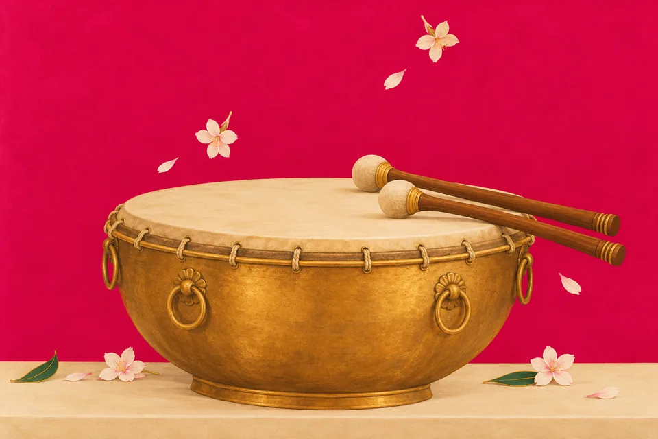 A ceremonial kettledrum rests beneath a shower of heavenly blossoms.