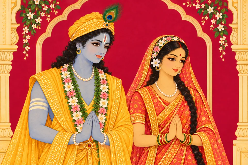 Rama and Sita arrive at the royal doorway, their current wedding adornments retained, in a crimson-and-gold devotional portrait.