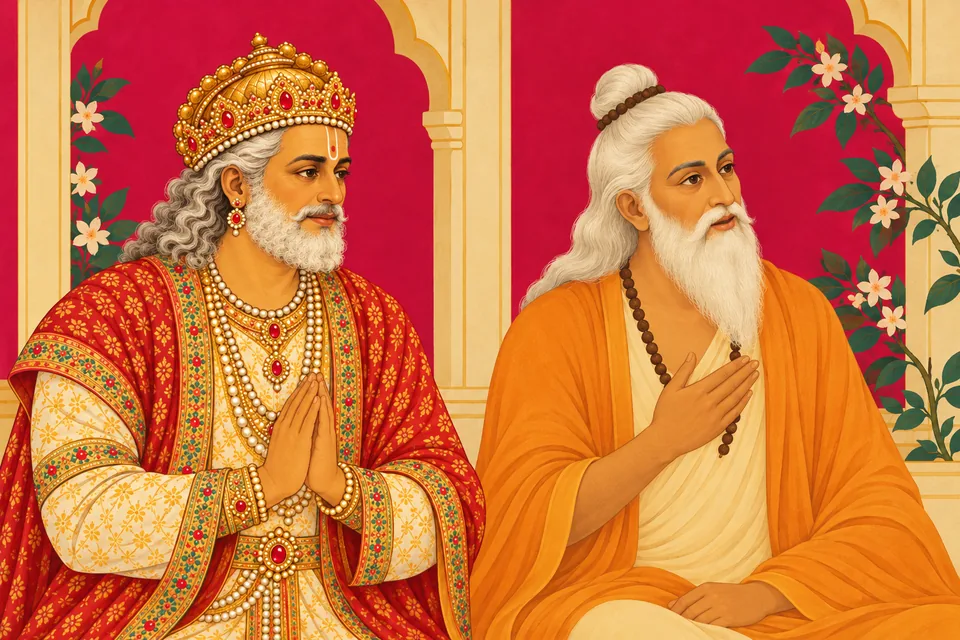 Dasharatha and Vasishtha together in a crimson-and-gold devotional portrait, representing the king’s return with his guru.