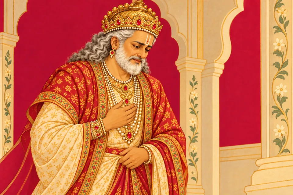 Dasharatha retires with his mind on Rama, in a serene crimson-and-gold devotional portrait.
