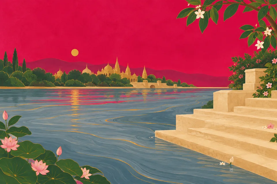 A sacred river beside cream stone bathing steps in a crimson, blue-grey and gold devotional landscape.