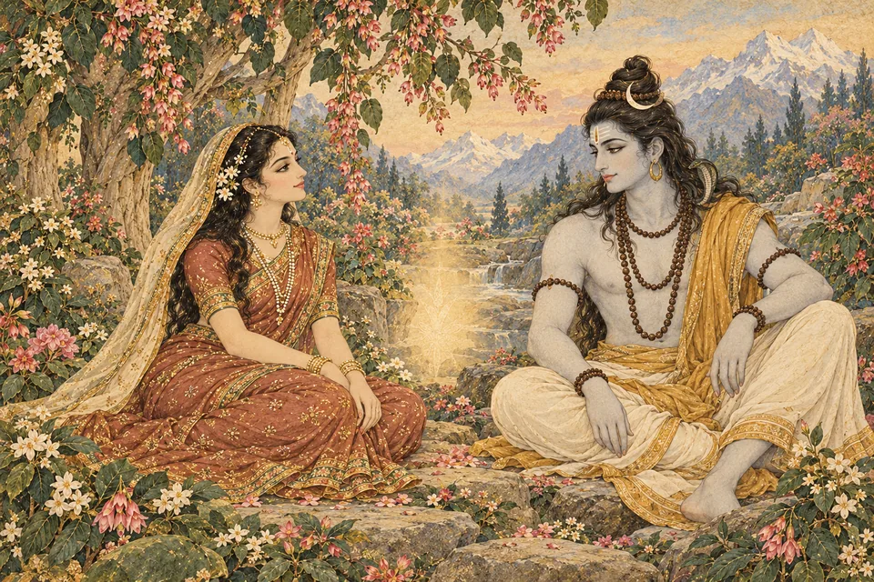 A symbolic portrait of Bhavani and Shankara as faith and trust, with a gentle inward light between them.