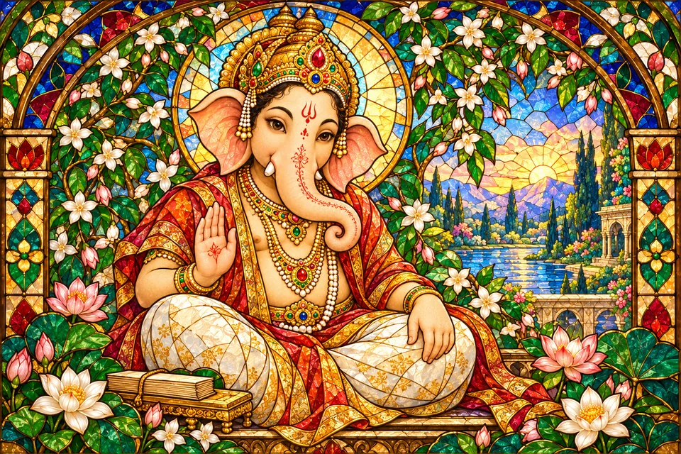 Ganesha seated beside a blank manuscript and lotuses in a luminous stained-glass-inspired sanctuary.