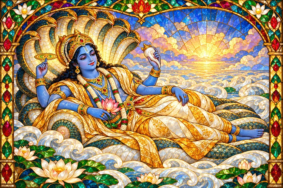 Narayana reclining over the symbolic ocean of milk; Shesha and the four-arm attributes are traditional visual additions.