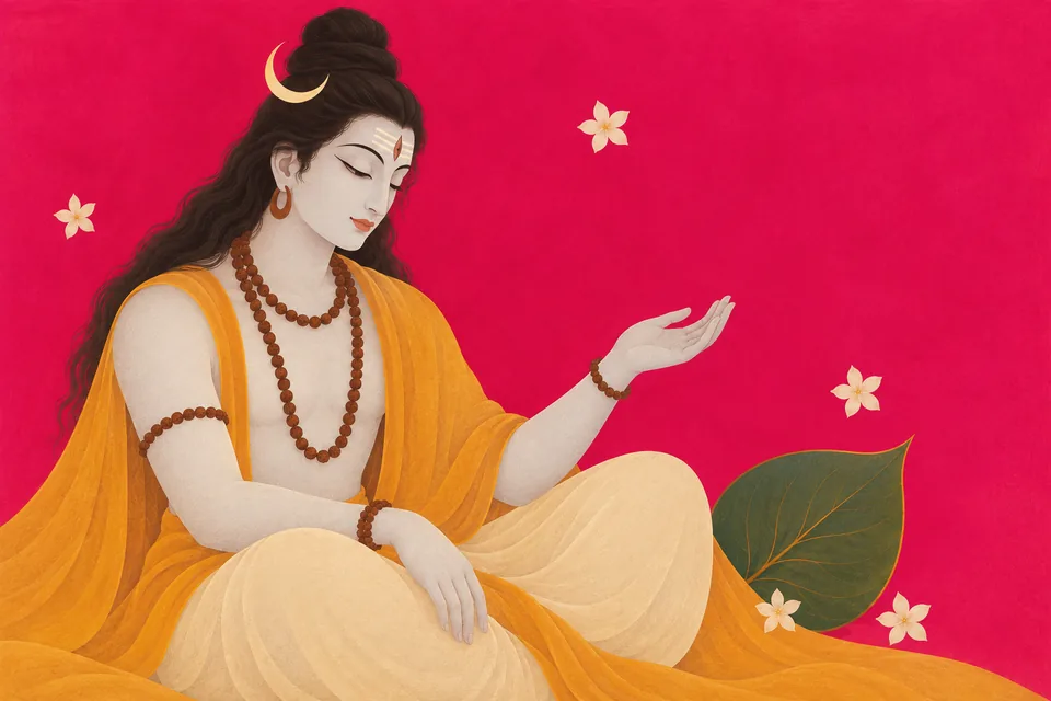 Shiva in a calm symbolic portrait, with moon-white complexion, crescent and jasmine flowers.